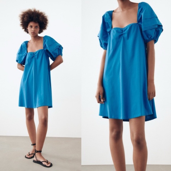 Zara Puff Sleeve Blue Mini Dress Size Medium - Picture 1 of 3
